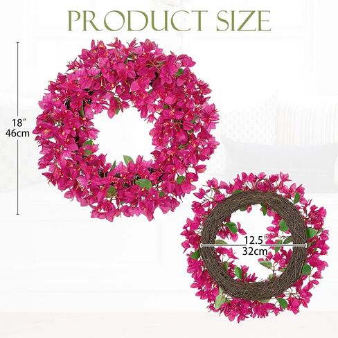 Briful Spring Front Door Wreath 18inches Artificial Bougainvillea Flower Wreath Silk Pink Floral Hanging Wreath Outdoor Summer Wreath for Home Wall Mantle Party Wedding Décor in Kuwait