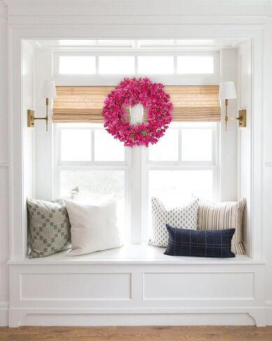 Briful Spring Front Door Wreath 18inches Artificial Bougainvillea Flower Wreath Silk Pink Floral Hanging Wreath Outdoor Summer Wreath for Home Wall Mantle Party Wedding Décor in Kuwait