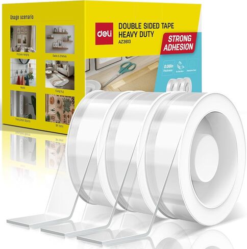 deli Double Sided Tape Heavy Duty, 1.18 in × 120 in (9.85FT), Extra Large Nano Double Sided Adhesive Tape, Clear & Removable Mounting Tape for Hanging Picture Poster Carpet Photo in Saudi Arabia