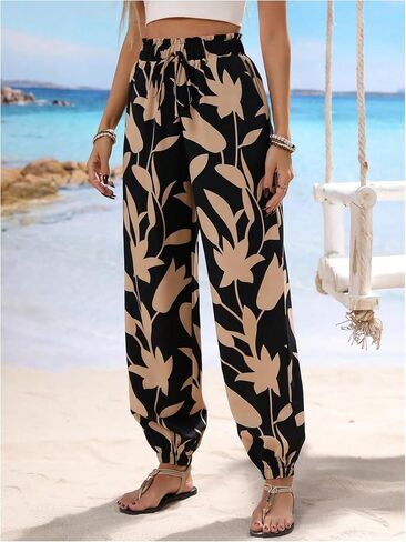 MakeMeChic Women's Summer Beach Tropical Printed Pants Hawaiian Palazzo Jogger Pant High Waist Trousers in Saudi Arabia