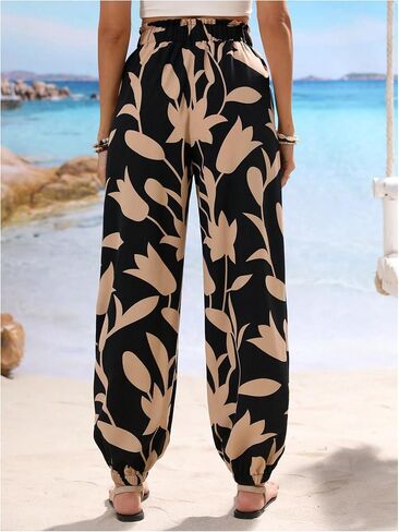 MakeMeChic Women's Summer Beach Tropical Printed Pants Hawaiian Palazzo Jogger Pant High Waist Trousers in Saudi Arabia