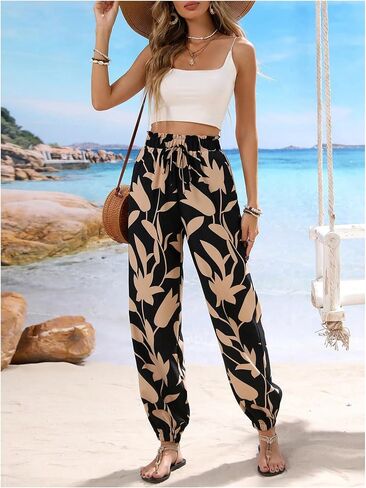 MakeMeChic Women's Summer Beach Tropical Printed Pants Hawaiian Palazzo Jogger Pant High Waist Trousers in Saudi Arabia