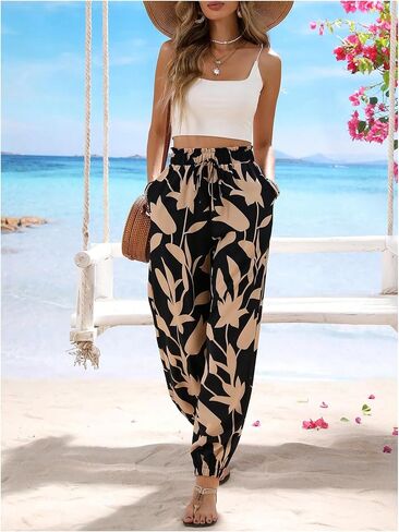 MakeMeChic Women's Summer Beach Tropical Printed Pants Hawaiian Palazzo Jogger Pant High Waist Trousers in Saudi Arabia