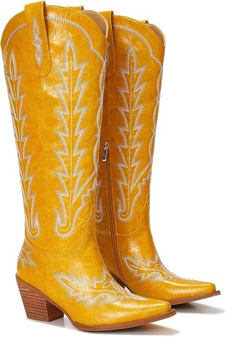 Cowgirl Boots Women – Knee High Western Cowboy Boots, Classic Embroidered, Pointed Toe, 3" Chunky Heel, Comfortable Slip On with Zipper in Saudi Arabia