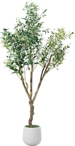 Artificial Olive Tree, 5FT Tall Faux Olive Tree with White Tall Planter, Lifelike Fruits, 60in x 9in (Width x Depth), Perfect for Home Office Decor in Saudi Arabia