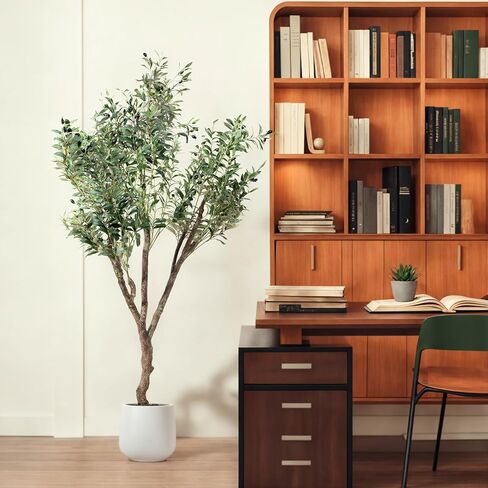 Artificial Olive Tree, 5FT Tall Faux Olive Tree with White Tall Planter, Lifelike Fruits, 60in x 9in (Width x Depth), Perfect for Home Office Decor in Saudi Arabia