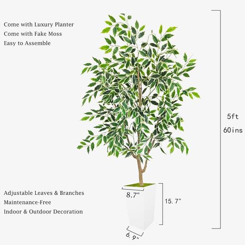 Artificial Ficus Tree 5ft, Faux Plant with White Tall Planter, Fake Ficus Leaves Plants in Pot, Artificial Floor Trees for Home Living Room Office Bedroom Foyer Porch Decor Indoor in Saudi Arabia