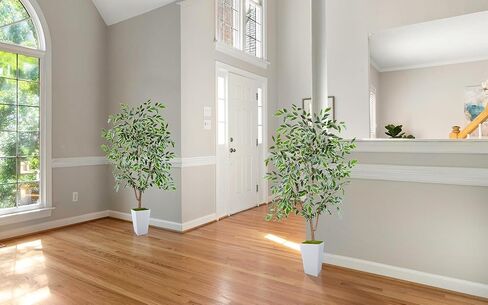 Artificial Ficus Tree 5ft, Faux Plant with White Tall Planter, Fake Ficus Leaves Plants in Pot, Artificial Floor Trees for Home Living Room Office Bedroom Foyer Porch Decor Indoor in Saudi Arabia
