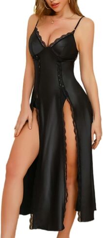 Lingerie Dress for Women V Neck Long Sexy Nightgowns for Women Side Split Sexy Night Gowns in Kuwait