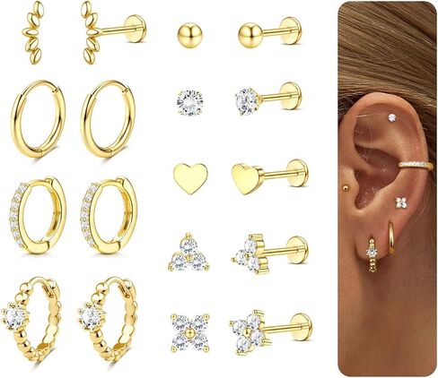 14K Gold Plated Threadless Flat Back Earrings 16G 18G Cartilage Earring Set Stainless Steel Helix Earrings for Women Flatback Stud 9Pcs Hoop Cartilage Earring Set for Multiple Piercing in Saudi Arabia