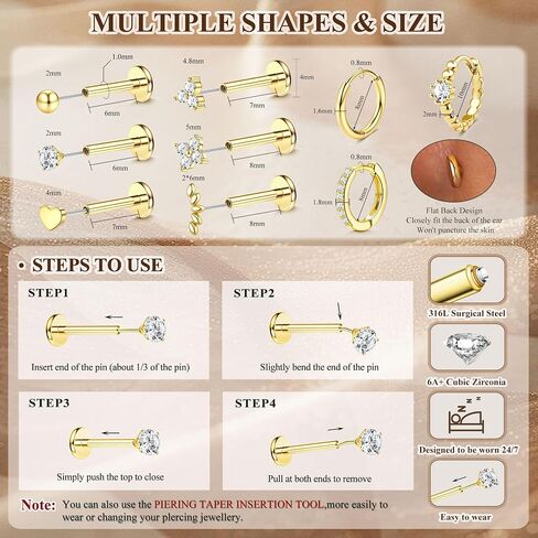 14K Gold Plated Threadless Flat Back Earrings 16G 18G Cartilage Earring Set Stainless Steel Helix Earrings for Women Flatback Stud 9Pcs Hoop Cartilage Earring Set for Multiple Piercing in Saudi Arabia