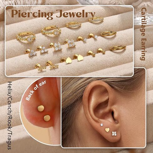 14K Gold Plated Threadless Flat Back Earrings 16G 18G Cartilage Earring Set Stainless Steel Helix Earrings for Women Flatback Stud 9Pcs Hoop Cartilage Earring Set for Multiple Piercing in Saudi Arabia