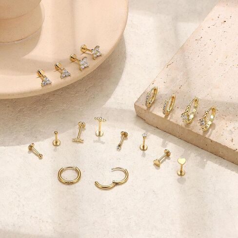 14K Gold Plated Threadless Flat Back Earrings 16G 18G Cartilage Earring Set Stainless Steel Helix Earrings for Women Flatback Stud 9Pcs Hoop Cartilage Earring Set for Multiple Piercing in Saudi Arabia