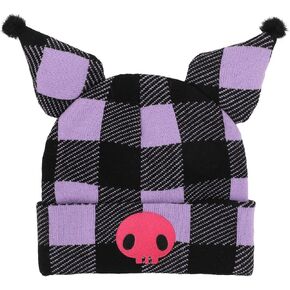 Kuromi Hood Purple Plaid Cuff Beanie