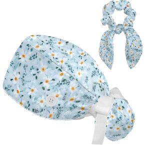 Scrub Caps Women with Button,Adjustable Surgical Caps with Ponytail Pouch,Textured Floral Vector Pattern Working Cap with Bow