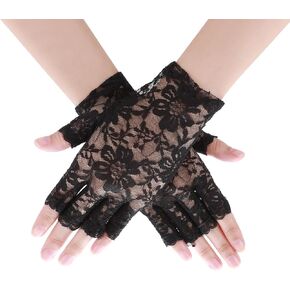 Lusofie Short Lace Gloves for Women Black Formal Bridal Sunblock Fingerless Gloves for Women Short Floral Gloves for Wedding Opera Tea Party 80s Prom Dress Goth Accessories Banquet Halloween (Black)