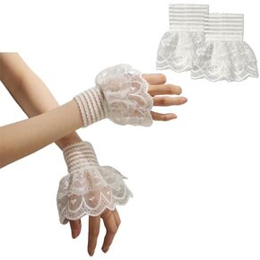 MIUPOO Detachable Fake Sleeve,Floral Layered Cuff,Elastic Fingerless Hand Sleeve Ruffled Floral Short Lace Gloves for Party Prom Masquerade,Wrist Warmers,White