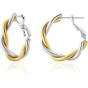 Hypoallergenic Gold and Silver Hoop Earrings for Women, Lightweight Twisted Desgined, Mixed Metal with 925 Sterling Silver Post