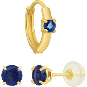 Solid 14k Gold Blue Sapphire Set - 11mm Mini Huggie Single Hoop and 4mm Round Stud Created Blue Sapphire Earrings by MAX + STONE