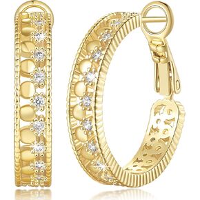 Gold Hoop Earrings for Women 14K Gold Earrings for Women with Cubic Zirconia Hollow-Carved Design Like a Fine Piece of Lace Womens Hoop Earring Trendy 25/30mm