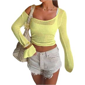 Makemechic Women's Contps Tops Bell Scoop Neck Dece Sweater Y2K BROPS