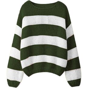 Women Striped Knit Sweaters 2024 Oversized Fall Winter Drop Shoulder Color Block Long Sleeve Loose Fit Pullover Tops