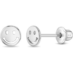 925 Sterling Silver Polished Smiling Face Screw Back Earrings For Young Girls & Preteens - Adorable Simple Smiling Face Girl Earrings - Stylish Hypoallergenic Smiling Teen Earrings