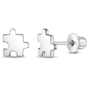 925 Sterling Silver Polished Puzzle Pieces Safety Screw Back Earrings For Toddlers & Little Girls - Children's Puzzle Piece Earrings For Everyday Wear - Tiny Earrings For Little Girls, SS-03-01049