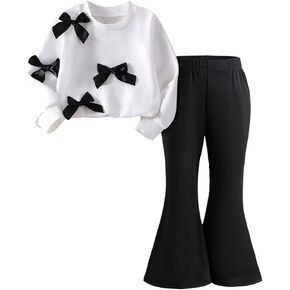 WDIRARA Toddler Girl's 2 Piece Set Bow Knot Long Sleeve Sweatshirt Flare Pants Outfits