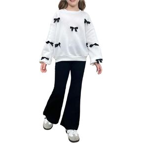 Girl's 2 Piece Spring Clothing Sets Applique Bowknot Crewneck Sweatshirt and Long Flare Pants