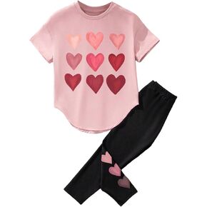 SweatyRocks Girl's Clothing Sets Heart Print Short Sleeve Tee Top and Elastic Waist Pants 2 Piece Outfits