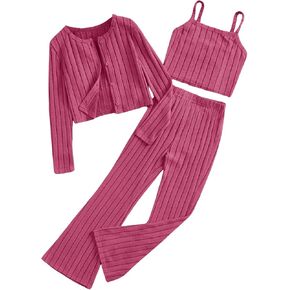 MakeMeChic Girl's 3 Piece Outfits Ribbed Knit Button Down Long Sleeve Cardigan and Flared Pants with Cami Crop Tops