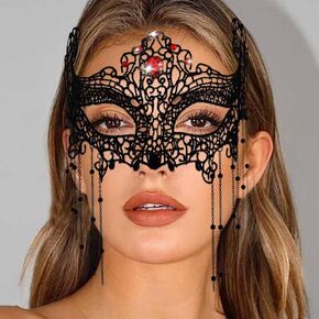 Masquerade Lace Mask Costume Eye Mask Tassels Face Masks Rhinestone Black Mask for Women