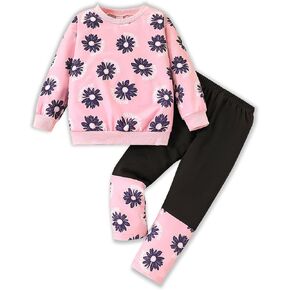 Kids Toddler Girl Clothes Printed Round Neck Long Sleeved Top+Solid Color Pants Outfits Set