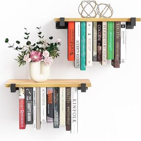 2 Set of Floating Bookshelf, Pine Wood Invisible Bookshelf, Hanging Bookshelves for Wall, Unique Space Saving Wall Bookcase (16.5L×8.7W×1.5H)
