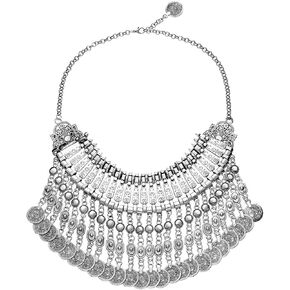 MJartoria Statement Necklace for Women, Boho Collar Choker Coin Tassel Ethnic Gypsy Chunky Necklace Antique Silver Color Bib Festival Halloween Carnival Jewelry Fitout Costume