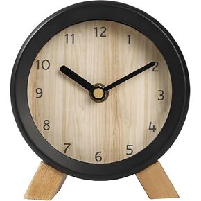 Wooden Analog Clock, Small Silent Bedside Desk Clock Battery Operated, Elegant and Decorative Table Clock with Wooden Frame for Living Room, Bedroom, Bedside, Desk (Black)