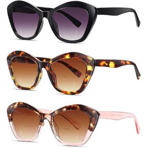 LADEESSE 3 Pack Bifocal Reading Sunglasses for Women Fashion Cateye Sun Readers Outdoor Reading Glasses UV400 +2.00Protection