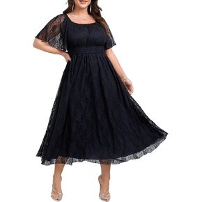 Women's Plus Size Wedding Guest Dress Lace Square Neck Short Sleeve Flowy A Line Formal Maxi Dresses