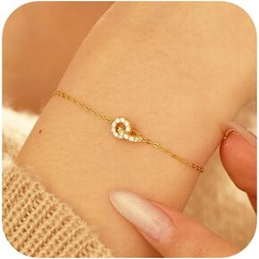 Dainty Interlocking Circles Bracelet for Women 925 Sterling Silver 14K Gold Plated Double Hoop CZ Pendant Lobster Buckle to Daughter Mother Friendship Bracelet Wedding Jewelry Graduation Gifts for Her