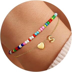 M MOOHAM Cute Coloful Beaded 3D Heart Initial Bracelet - Beaded Initial Bracelets for Women Trendy 14K Gold Plated Bracelets Layered Beacelet Small Dainty Jewelry Gifts