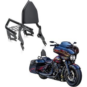 دراجة نارية Sissy Bar Argage Rack Kit لـ Harley Touring 2009-2024 Street Glide Road Road Glide Electra Glide ، مسند الظهر + كومبو رف الأمتعة الخلفي (أسود)
