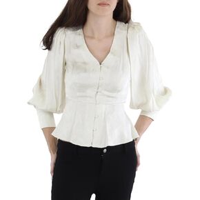 BCBGMAXAZRIA Women's Long Sleeve Peplum Top V Neck Button Front Shirt