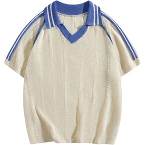 Verdusa Men's Short Sleeve Collar V Neck Sweater Loose Knit Pullover Top