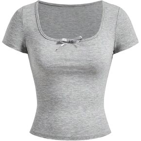 Girl's Bowknot Scoop Neck T Shirt Short Sleeve Slim Fit Summer Tee Tops