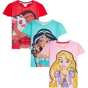Disney Girls 3 Pack Princess T-Shirts Kids Jasmine Moana Rapunzel Dress Up Top Short Sleeve Tees