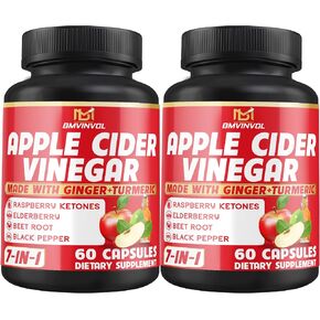 BMVINVOL (2 Packs) Apple Cider Vinegar Capsules with Ginger, Turmeric, Elderberry, Raspberry Ketones, Beet Root, Black Pepper - 7in1 for Supports Digestion, Detox & Immune - 4 Months Supply