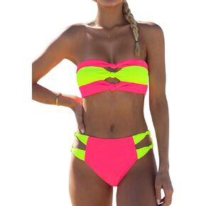 Wodecasa Women Neon Color Block Bikini Set Bandeau Detout Detout Sexy 2 قطعة ملابس السباحة بدلة السباحة