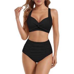 Bikini Swim Suits for Womens Sexy Cross Knotting V-Neck with High Waisted Ruched Tummy Control Bathing Swimsuits 2025 in Kuwait