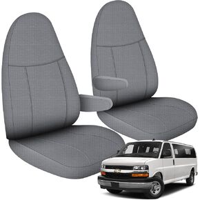 غطاء المقعد الأمامي للفترة 2010-2024 Chevy Express Front Bucket مقعد مع افتتاح مقبض الاستيلاء على مسند الظهر على جانب الركاب ، وملاءمة خصيصًا مصنوعة من 600D مقاوم للماء الرمادي ، نوبة دقيقة